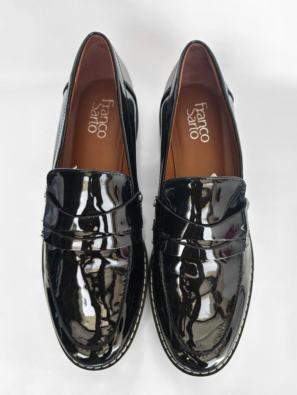 Franco Sarto Black Patent Leather Lug Sole Penny Loafers